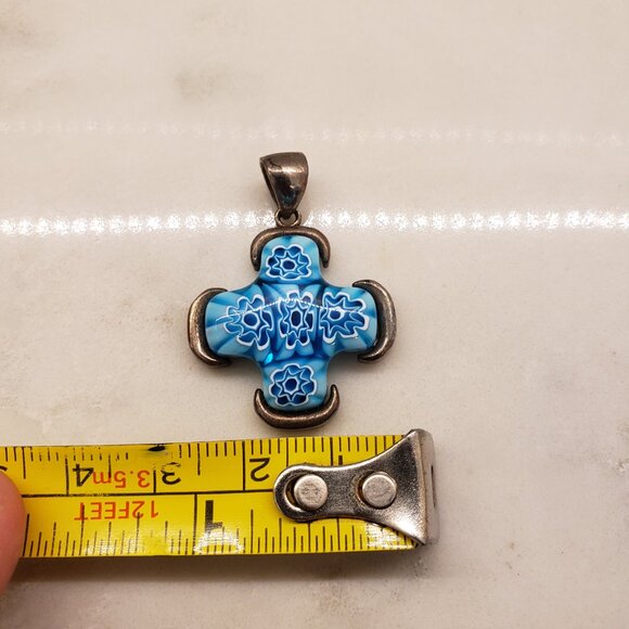 Blue Millefiori Murano Glass And Sterling Silver 925 Cross Pendant - Picture 8 of 8